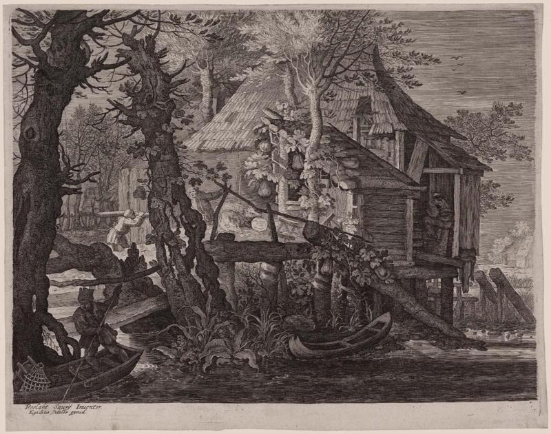 Cottage Partly Built on Piles Near a Canal