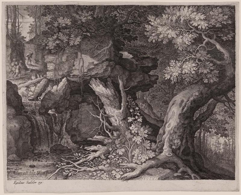 Three Men and a Dog on a Path above a Waterfall