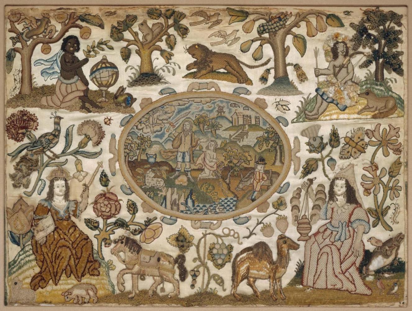 Pictorial embroidery: The Four Continents and The Sacrifice of Isaac