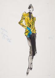 Female model in suit with yellow jacket, and black skirt with hat 