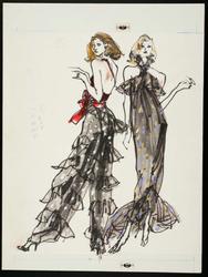 Two female models in black and white polka dot ruffles for evening 