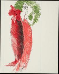 Female model in slinky red gown before a giant Christmas wreath