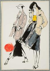 Two female models in skirts and jackets and sandals with red sun