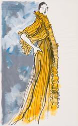 Female model in yellow peignior coat over matching nightgown