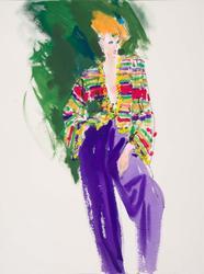 Female model in silk and gold brocade jacket with purple "at home" pants