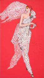 Female model in red-and-white polka dot chiffon gown