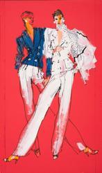Two female models in blazers and white pants