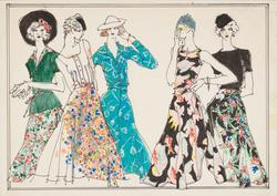 Five female models in flouncy, colorful print skirts, all wearing hats