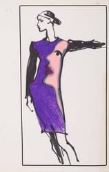 Female model in purple and pink pop art wool dress 