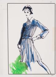 Female model in blue crepe afternoon dress from 1967-68 collection