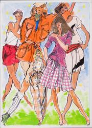 Five female models in summer clothes with green and blue background