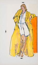 Female model in pajamas topped by yellow robe with quilted collar
