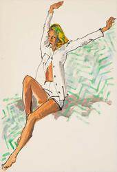 Female model in white terrycloth boxers and jacket against green herringbone backdrop