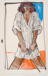 Female model in men's-style white summer v-neck sweater