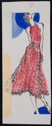 Female model in red sundress with black trim on edges