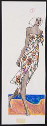 Female model in white sarong-style dress with floral print 