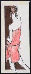Female model from the back in pink sleeveless short dress or culottes