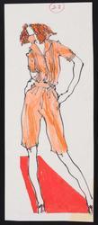 Female model in orange shorts and shirt (may be one-piece)