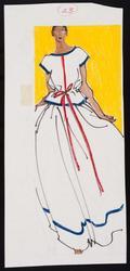 Female model in white dress with black and red edging