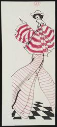 Female model in roomy red and white striped jacket with skinnier stripe flowing pants