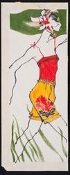 Female model in red halter top with yellow floral shorts