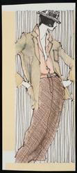 Female model in long skirt with peachy blouse and khaki colored jacket 