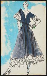 Female model in navy gauze evening dress trimmed with white lace