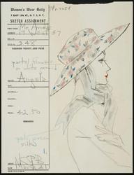 Female model (head only) wearing white hat with pastel flowers