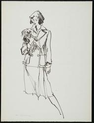 Female model in double-breasted suit holding terrier