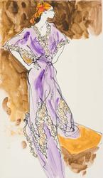 Female model in kimono over matching nightgown in mauve Satin de Lys with lace insets