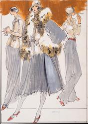 Three female models in gray pants or skirts with taupe coats and shirts