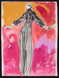 Female model in pleated black georgette evening dress