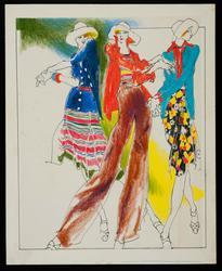 Three female models in skirts, dress, and jackets from Rive Gauche line
