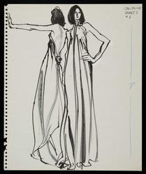 Two views of female model in draped evening dress