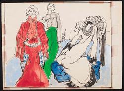 Three female models in seventies style pants and dress and shirts