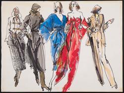 Five female models in clothing with sleek, elegant lines – dresses, skirts, jackets and pants