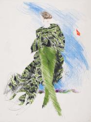 Female model in green pants and flowing green and black jacket