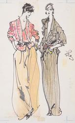 Two female models in dinner pant suits