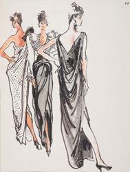 Three female models in black and white polka dot gowns