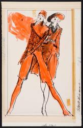 Two female models in fall fashions, at left WarmPants (hot pants for fall) with a jacket by Narducci; at right, skirt and jacket by Valentino (black and white with orange overlay) 