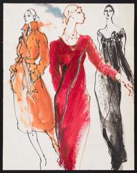 Three female models in Halston dresses and coat