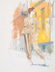 Female model wearing tan pants set on a street in italy