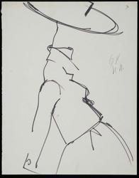 Sketch of female model in silhouette in suit with big hat – black and white