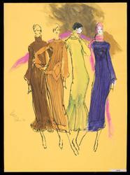 Four female models in long dresses