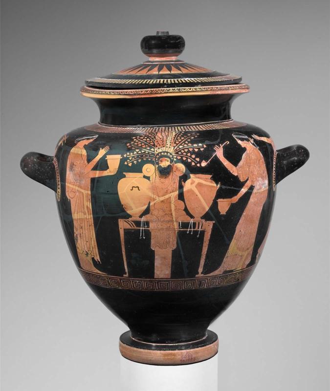 Cover for Stamnos depicting women congregated about an idol of Dionysos
