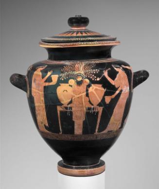 Lidded jar (stamnos) depicting women congregated about an idol of Dionysos