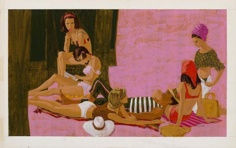 Bathing beauties with smiling gentleman
