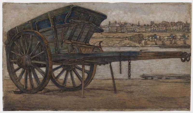 A Wagon on the Banks of the Seine with Paris in Background
