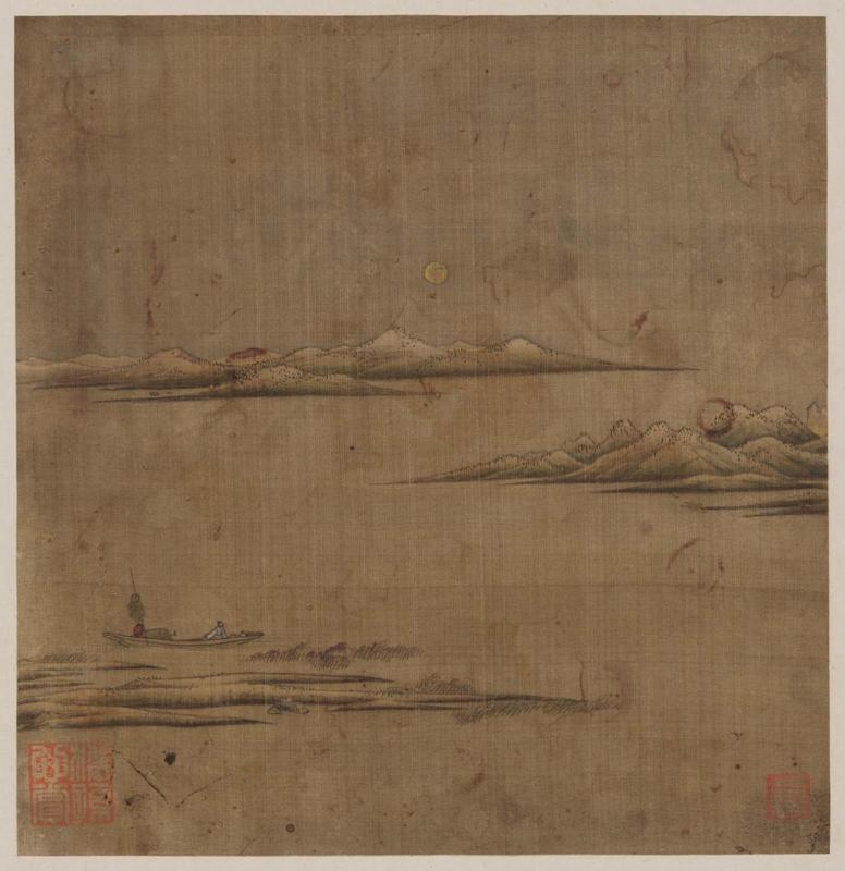 Snowy riverscape with a hermit in a boat