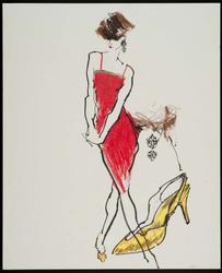 Female model in red silk dress with earrings and yellow shoe